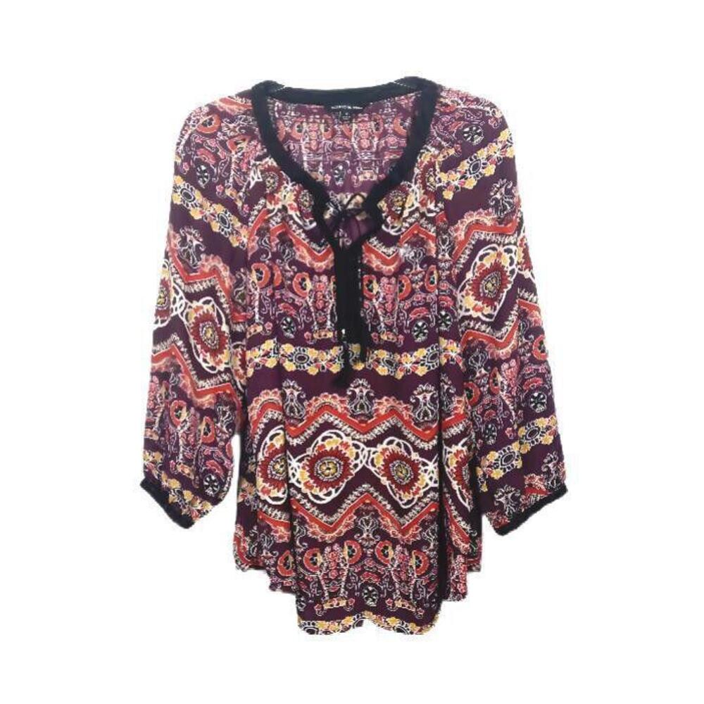 Zac & Rachel Woman 1X  Size 18/20 Top Shirt Brown Tunic Chiffon BOHO Tassels